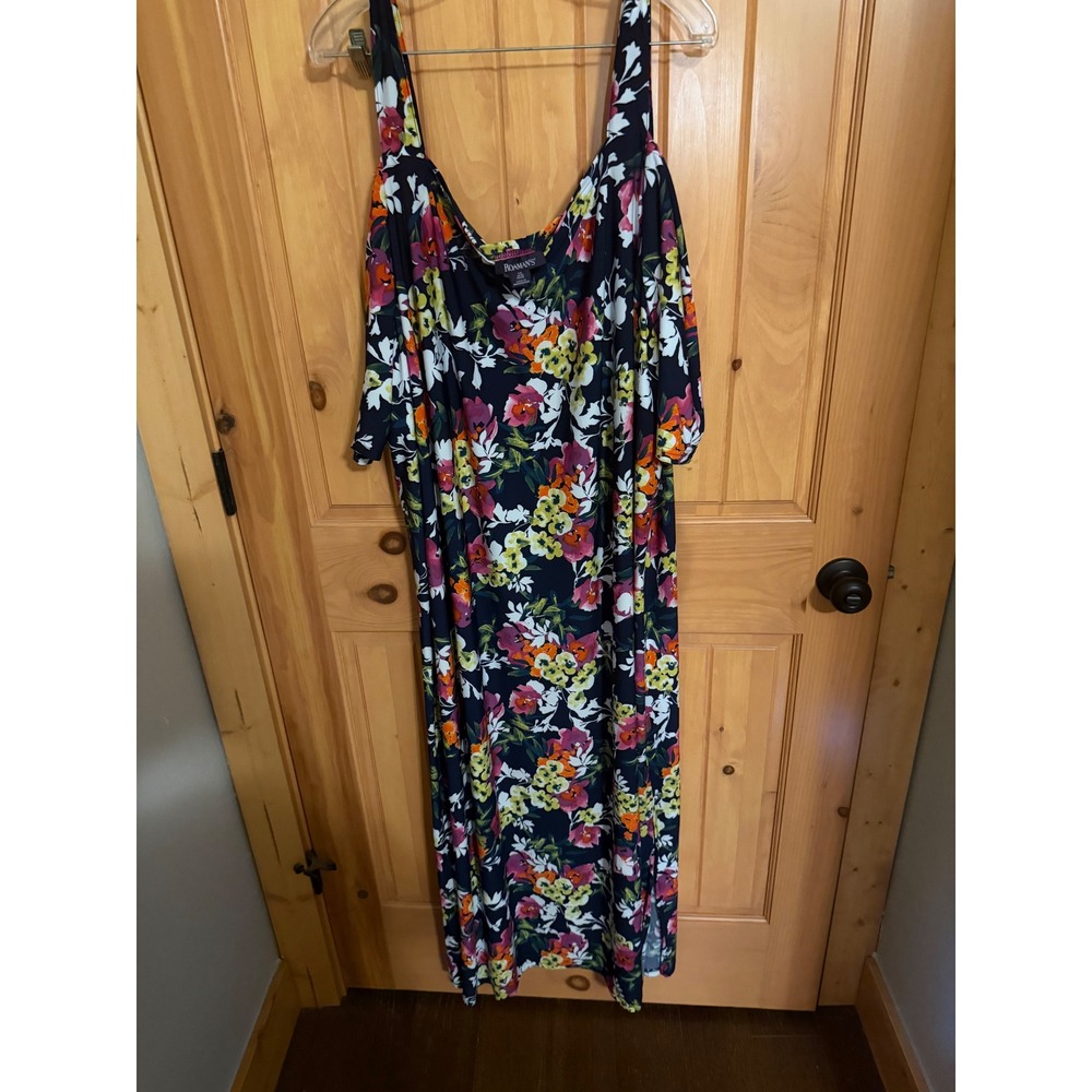 Roamans Navy Floral Cold Shoulder Maxi Dress Petite 5X 38/40 Summer Casual NWOT